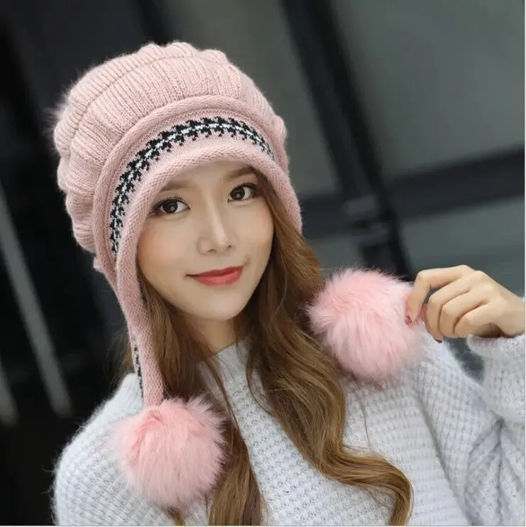 Girl Warm Ski Brand rabbit Fur Pom Poms Warm Gloves   knit hat set Winter Women Wool Beanie Hat thick Skullies Female Cap