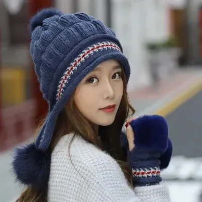 Girl Warm Ski Brand rabbit Fur Pom Poms Warm Gloves   knit hat set Winter Women Wool Beanie Hat thick Skullies Female Cap