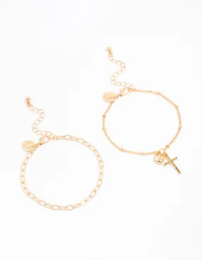 Gold Chain Cross & Heart Bracelets 2-Pack