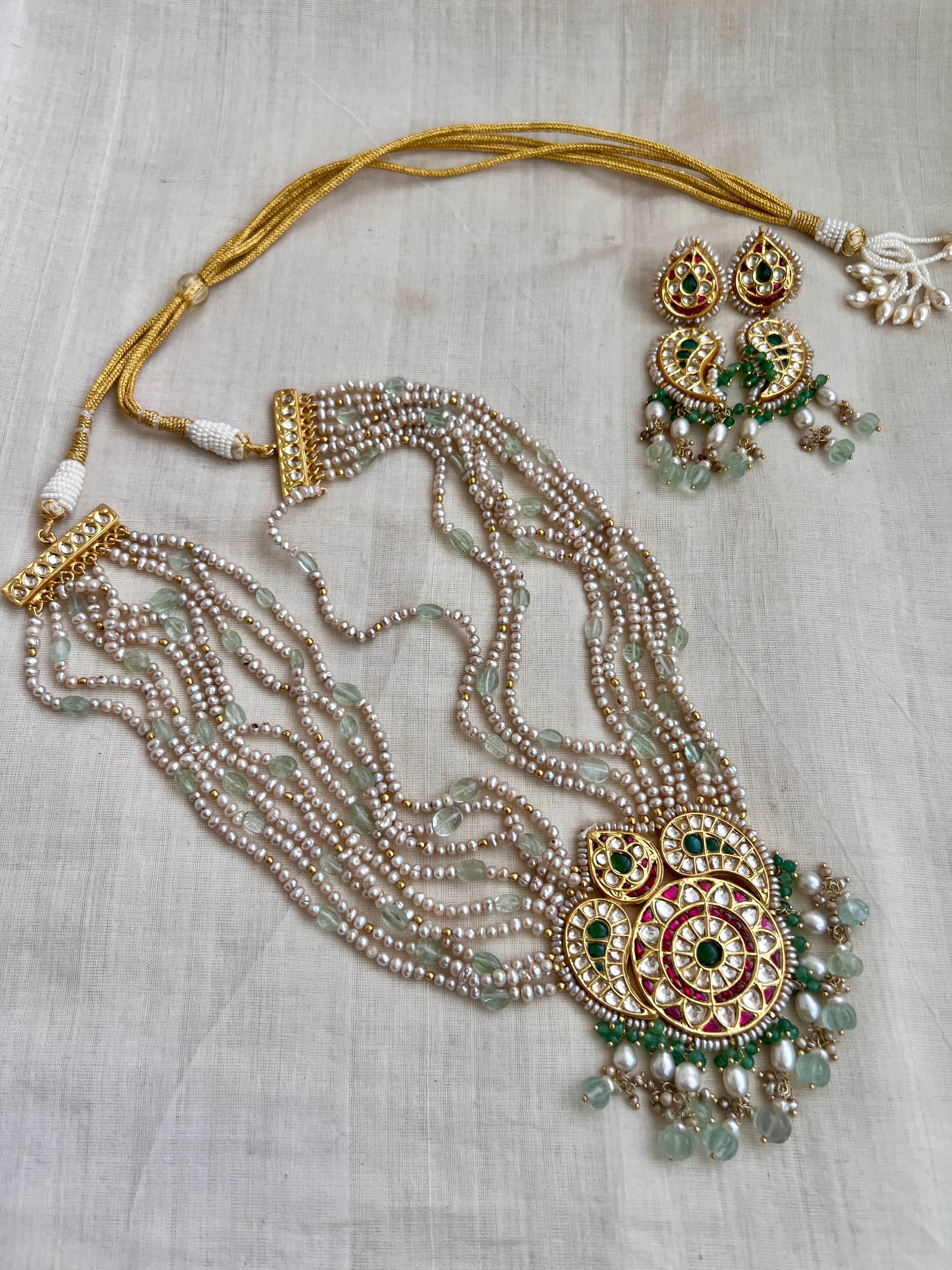 Gold polish kundan, ruby & emerald pendant necklace with pearls & jade beads, set