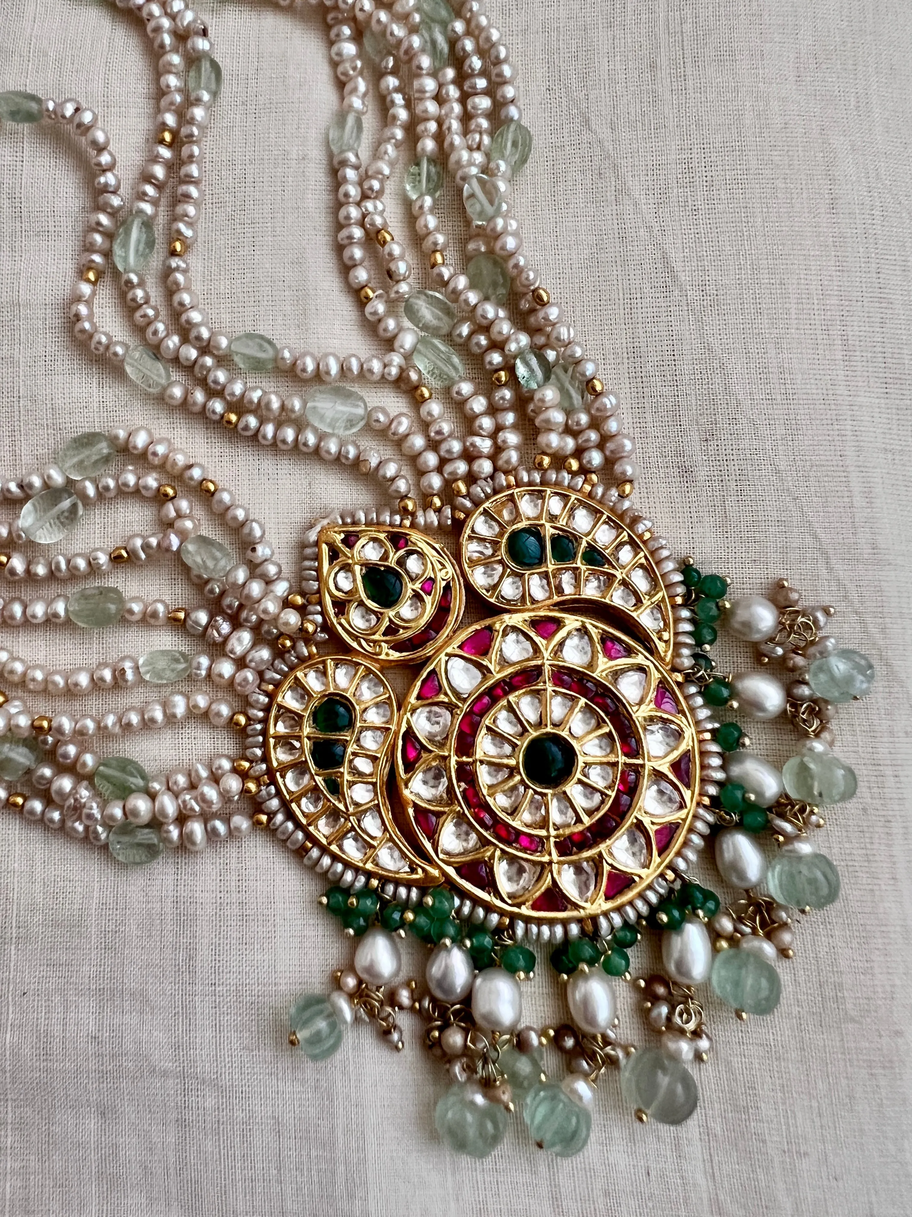 Gold polish kundan, ruby & emerald pendant necklace with pearls & jade beads, set