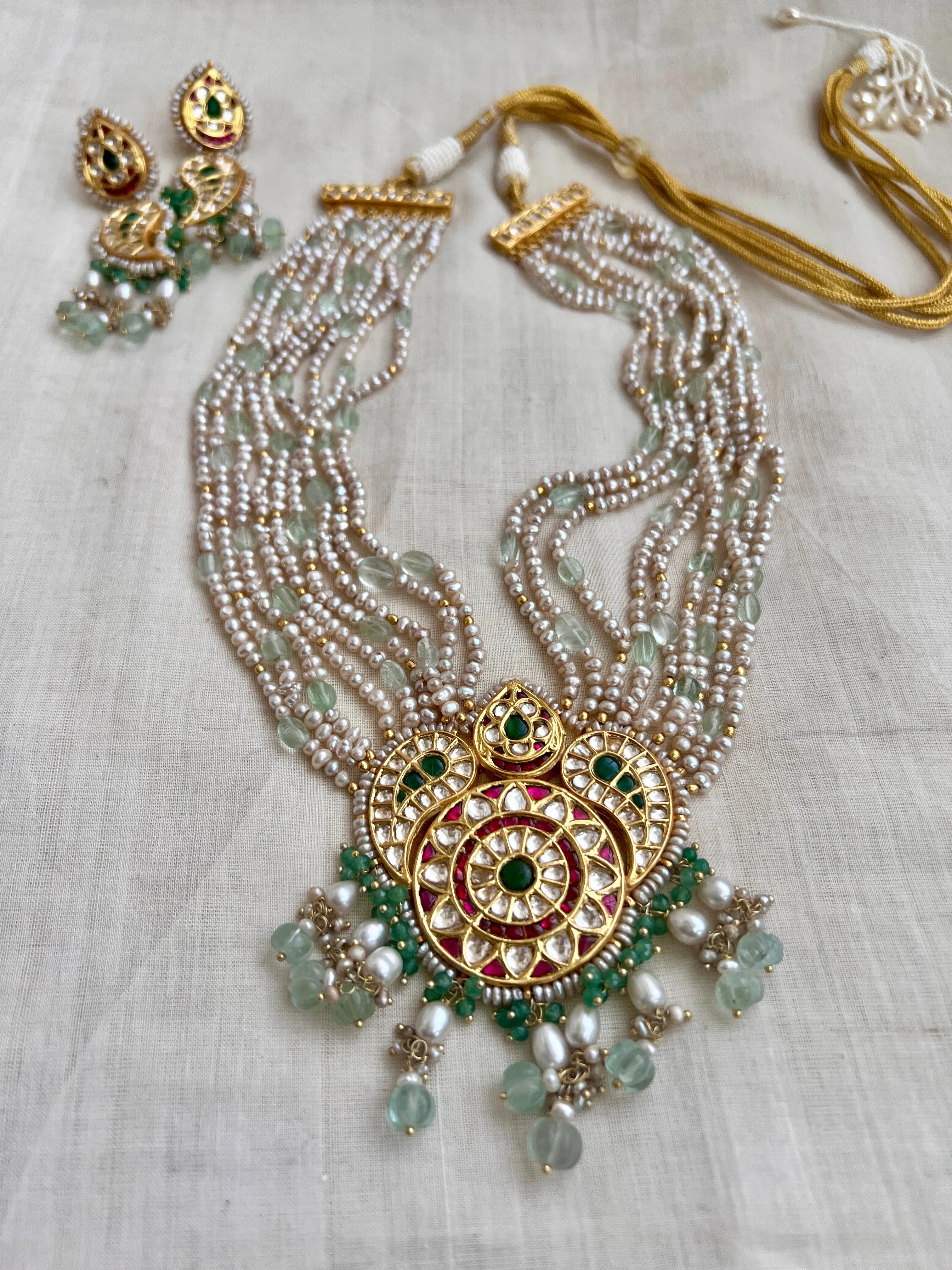 Gold polish kundan, ruby & emerald pendant necklace with pearls & jade beads, set