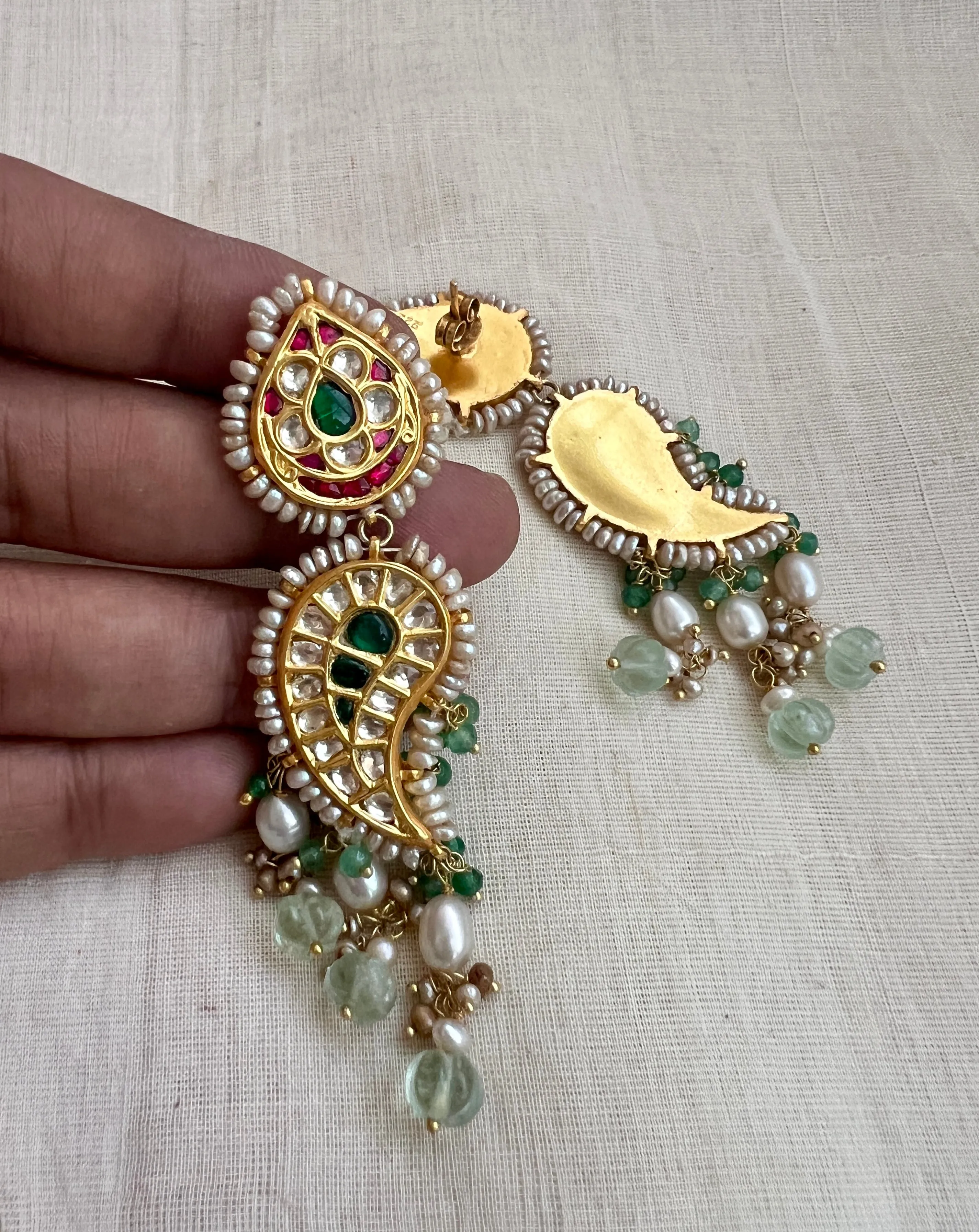 Gold polish kundan, ruby & emerald pendant necklace with pearls & jade beads, set