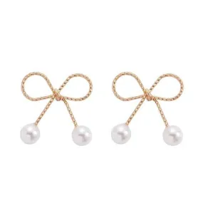 Gold Ribbon White Pearl Tie Invisible Clip On Stud Earrings