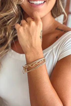 Gold Three Row Mixed Chain Bracelet Set