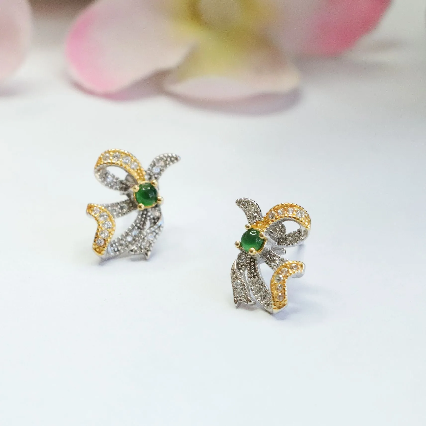 Golden Bow Green Jade Sterling Silver Earrings