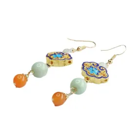 Golden Ruyi Earhooks with Colorful Enamel on Sterling Silver and Jade Gem