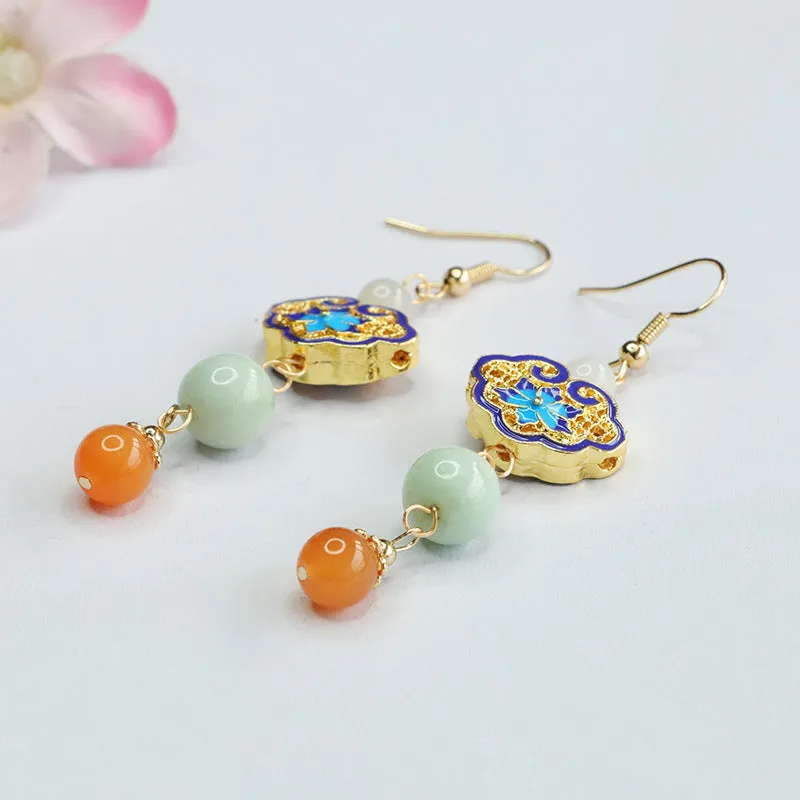 Golden Ruyi Earhooks with Colorful Enamel on Sterling Silver and Jade Gem