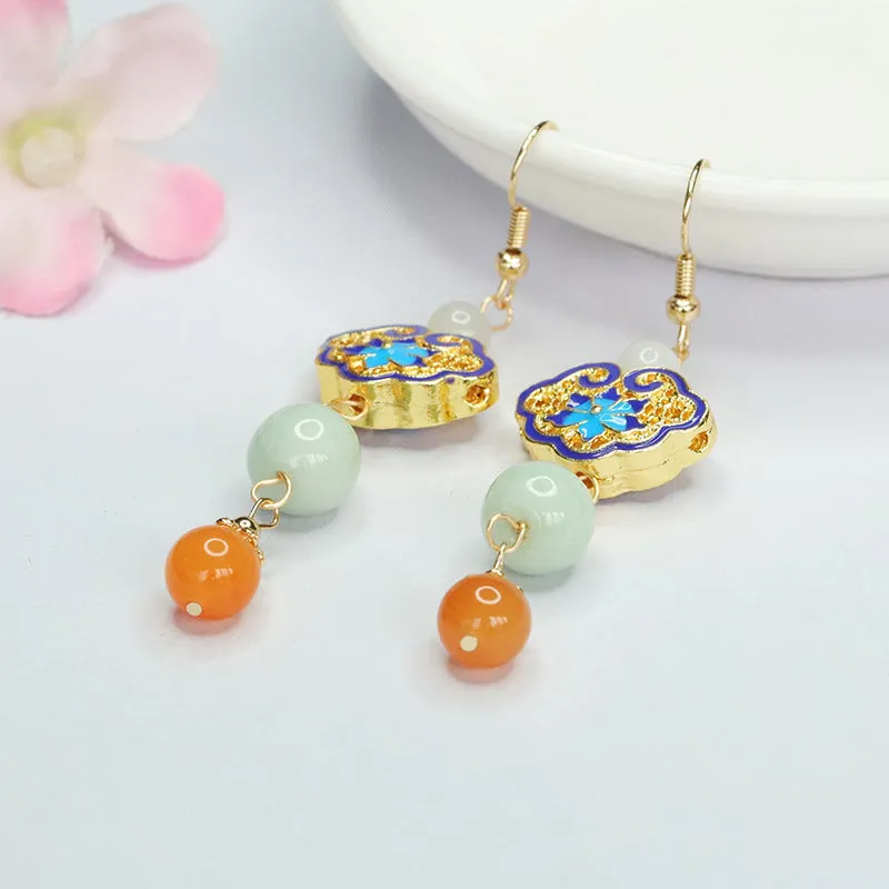 Golden Ruyi Earhooks with Colorful Enamel on Sterling Silver and Jade Gem