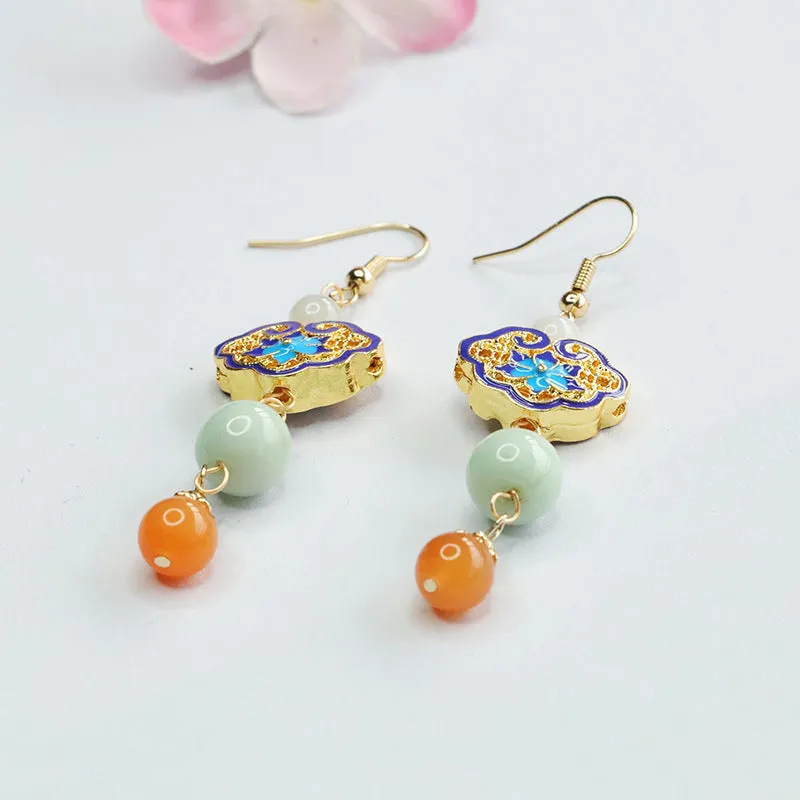 Golden Ruyi Earhooks with Colorful Enamel on Sterling Silver and Jade Gem