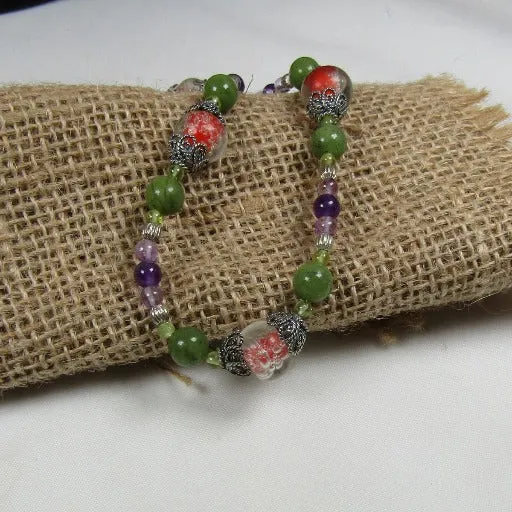 Green Jade, Amethyst and Handmade Artisan Bead Necklace