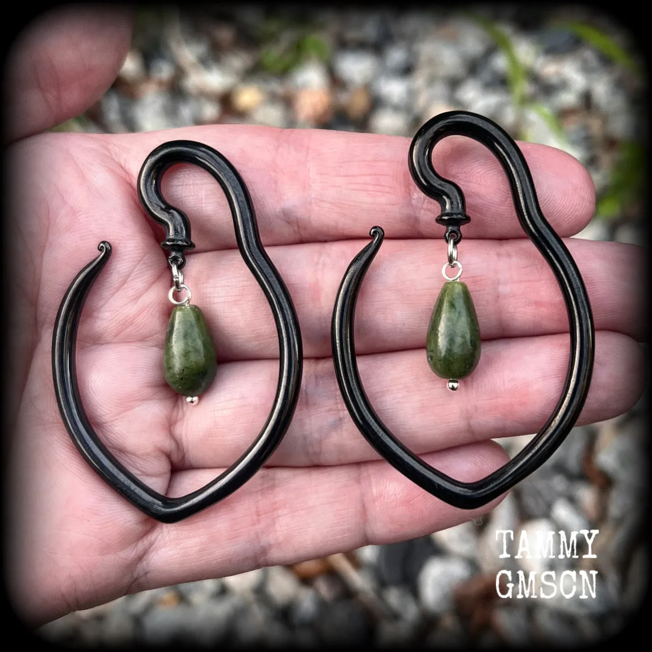 Green jade tear drop ear hangers-Hanging gauges