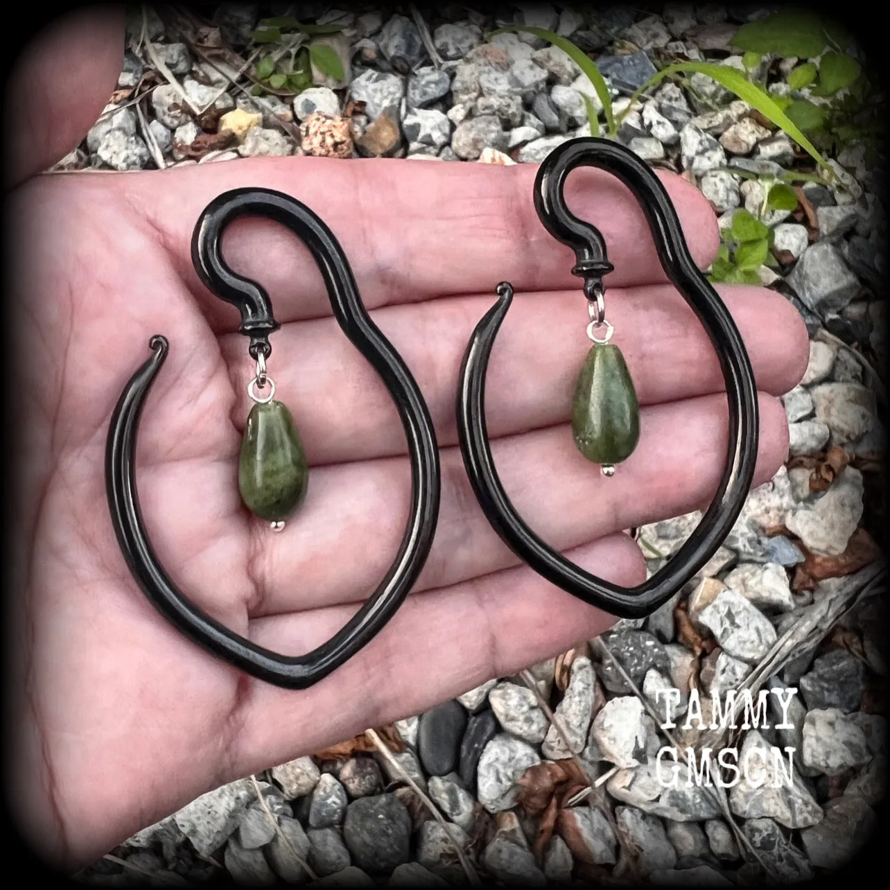 Green jade tear drop ear hangers-Hanging gauges