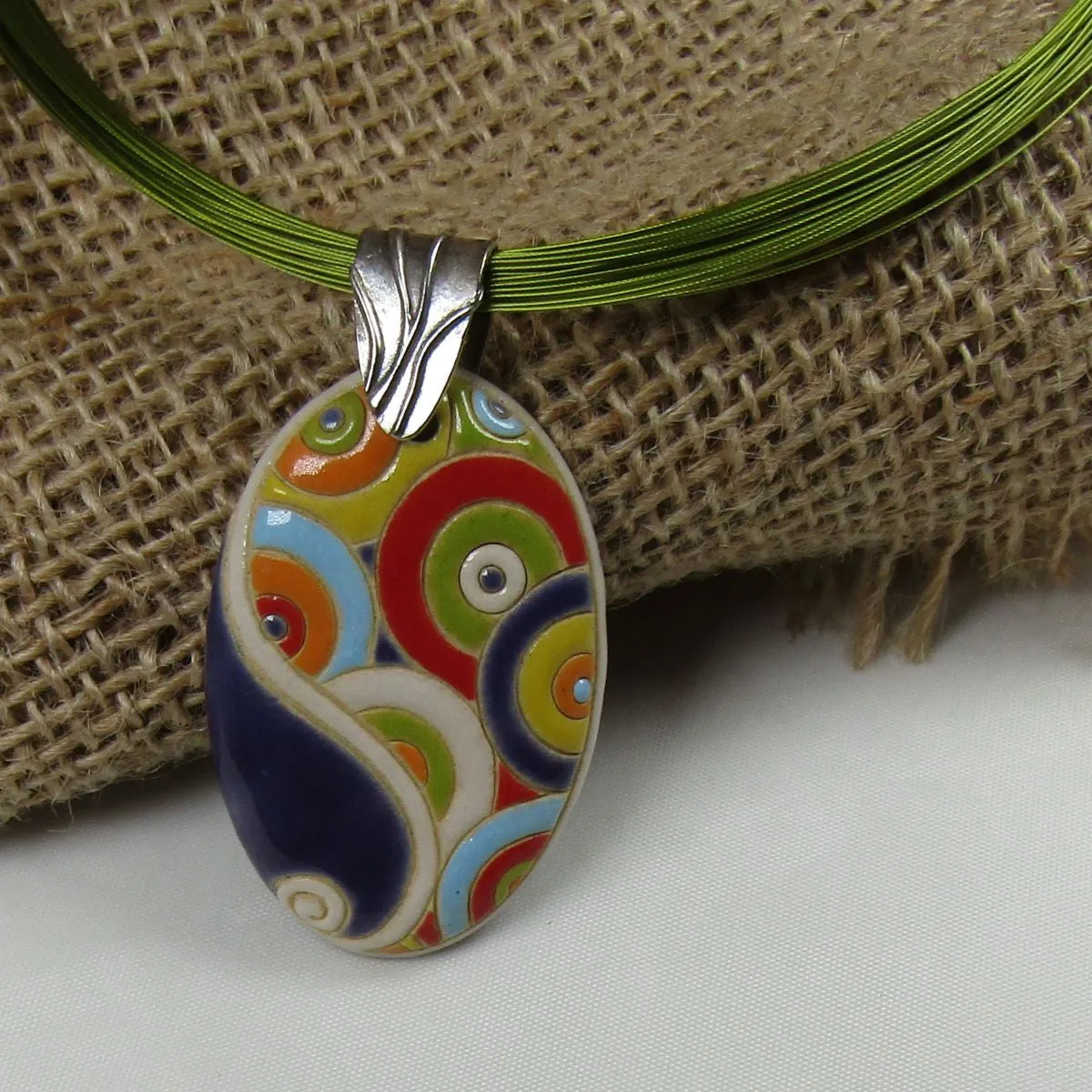 Green Necklace with a Multi-colored Handmade Pendant