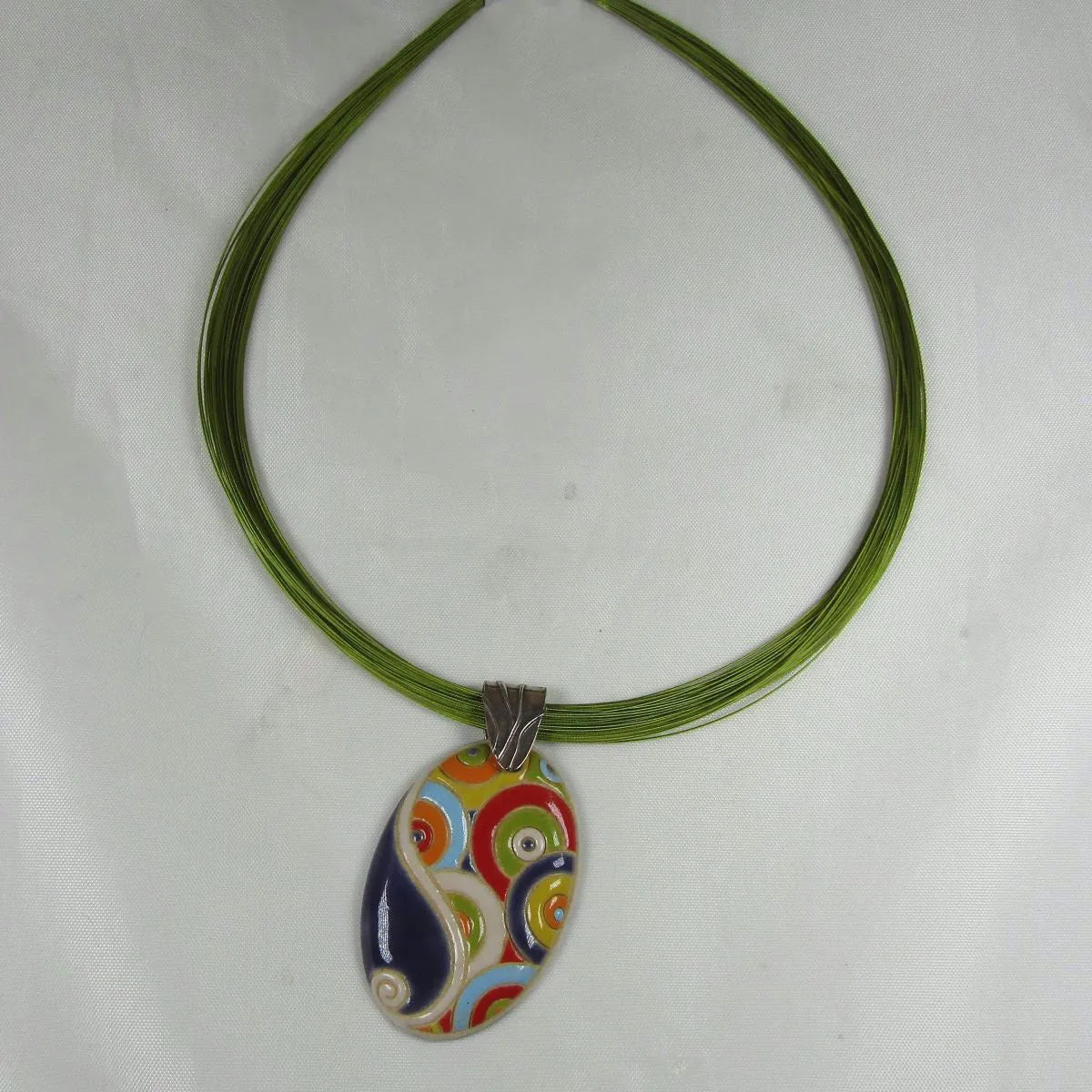 Green Necklace with a Multi-colored Handmade Pendant