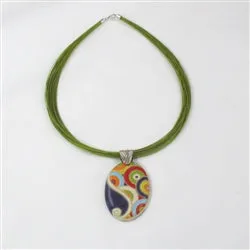 Green Necklace with a Multi-colored Handmade Pendant