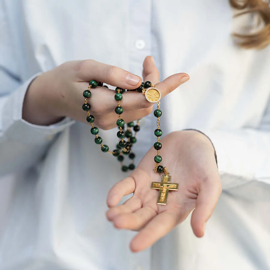 GREEN TIGER EYE ROSARY - VERMEIL SILVER