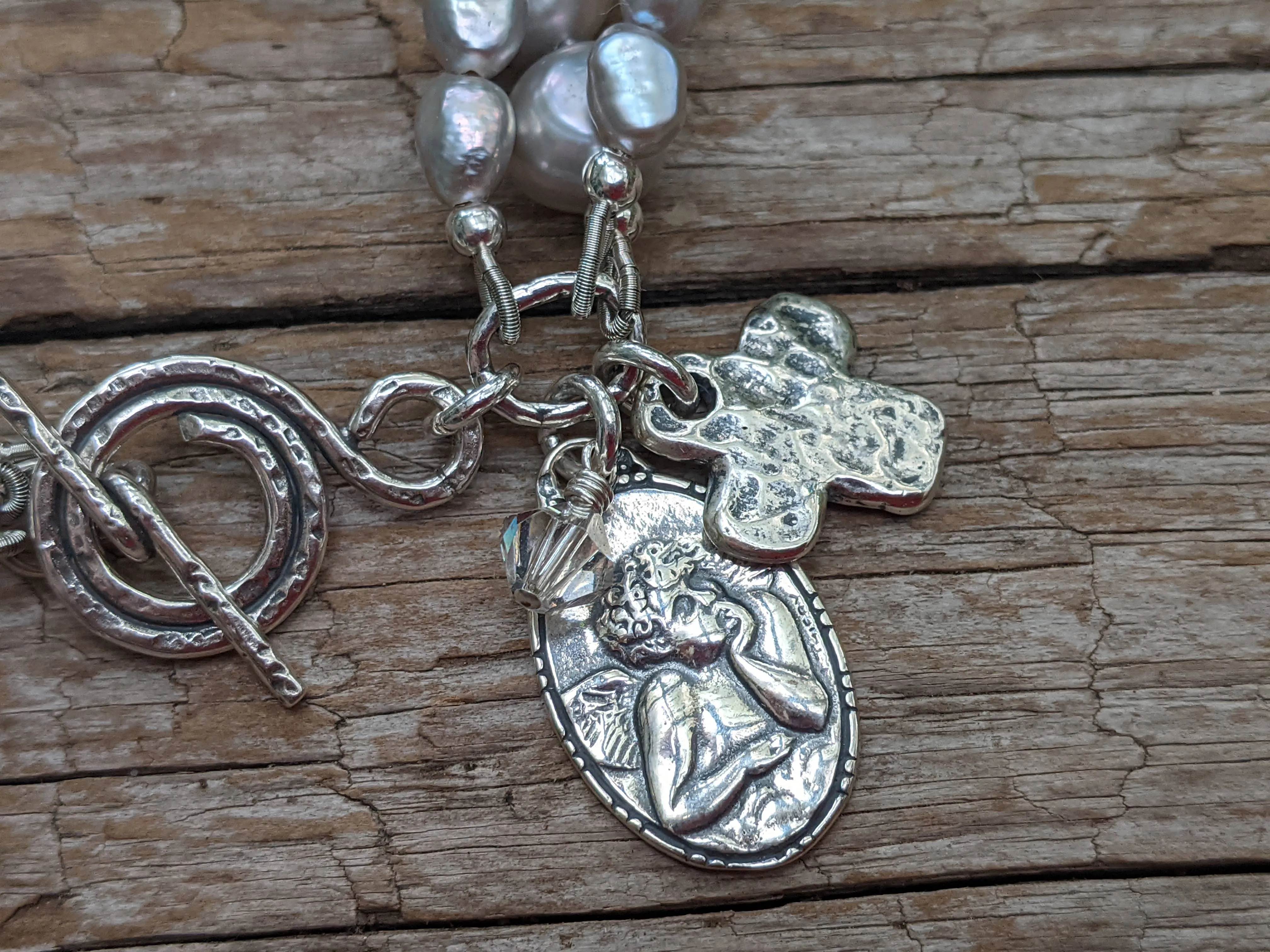 Grey Pearl Bracelet & Silver Cross, Angel Cherub Rafael Charm Bracelet