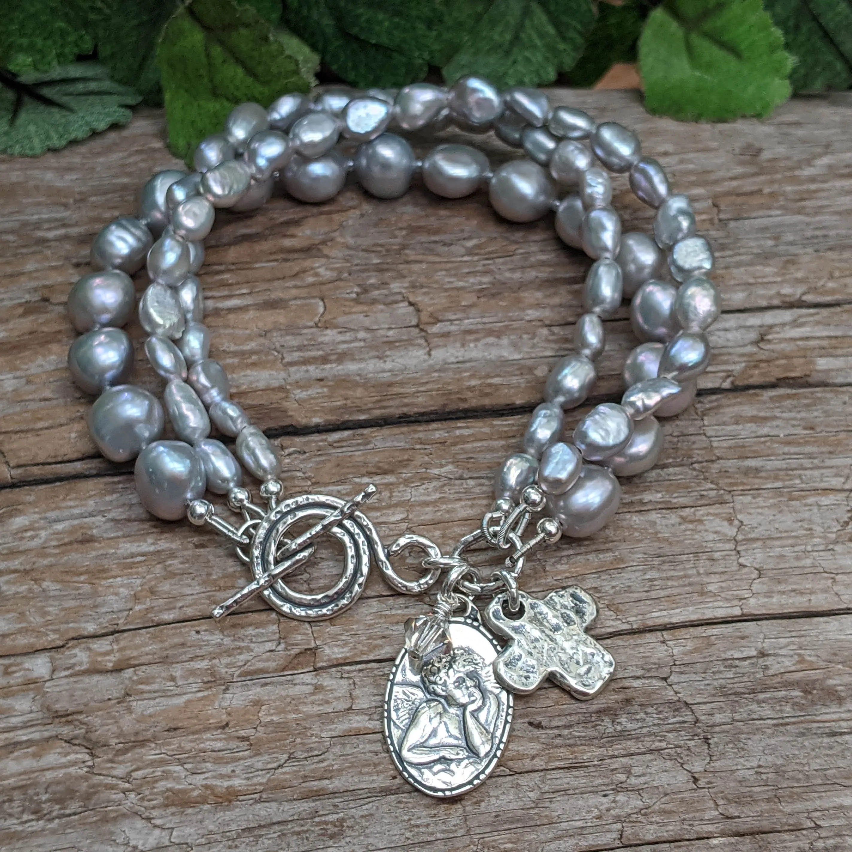 Grey Pearl Bracelet & Silver Cross, Angel Cherub Rafael Charm Bracelet