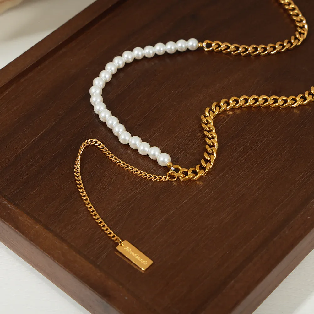 Half Gold Chain Half Pearl Necklace Extension Drop Pendant