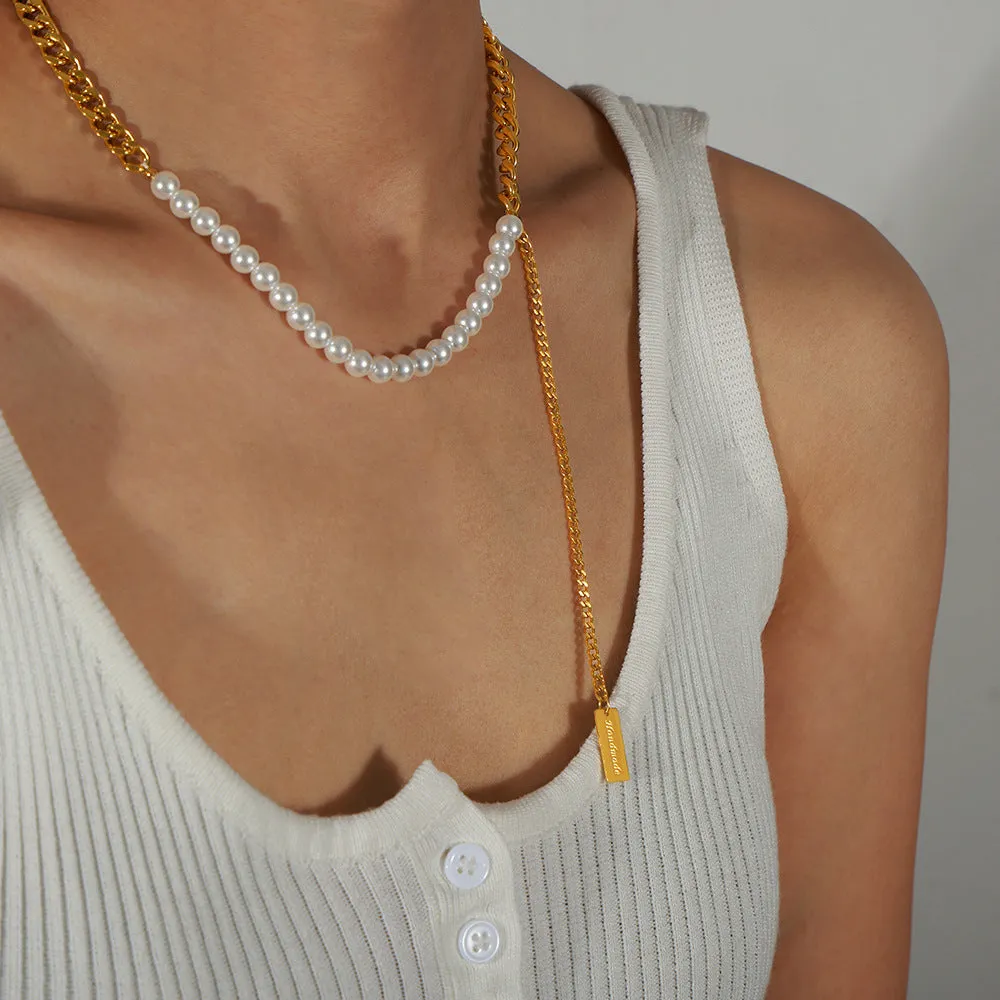 Half Gold Chain Half Pearl Necklace Extension Drop Pendant