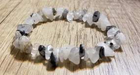 Hand Crafted Natural, Freeform Black Tourmilated Quartz Gemstone Stretch Bracelet. One size fits most