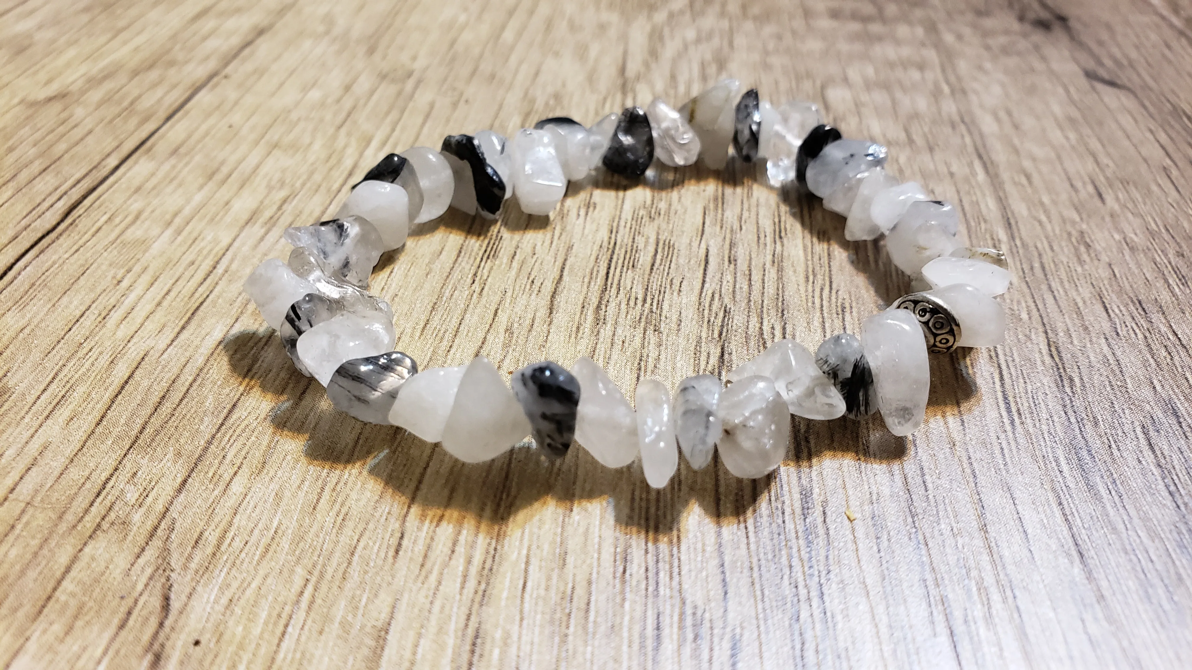 Hand Crafted Natural, Freeform Black Tourmilated Quartz Gemstone Stretch Bracelet. One size fits most