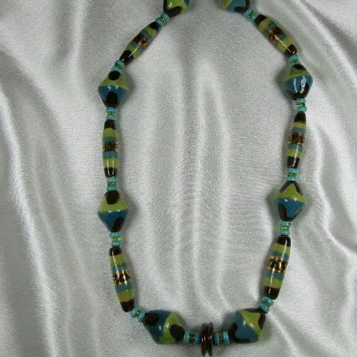 Handmade Green Turquoise & Brown Kazuri Necklace