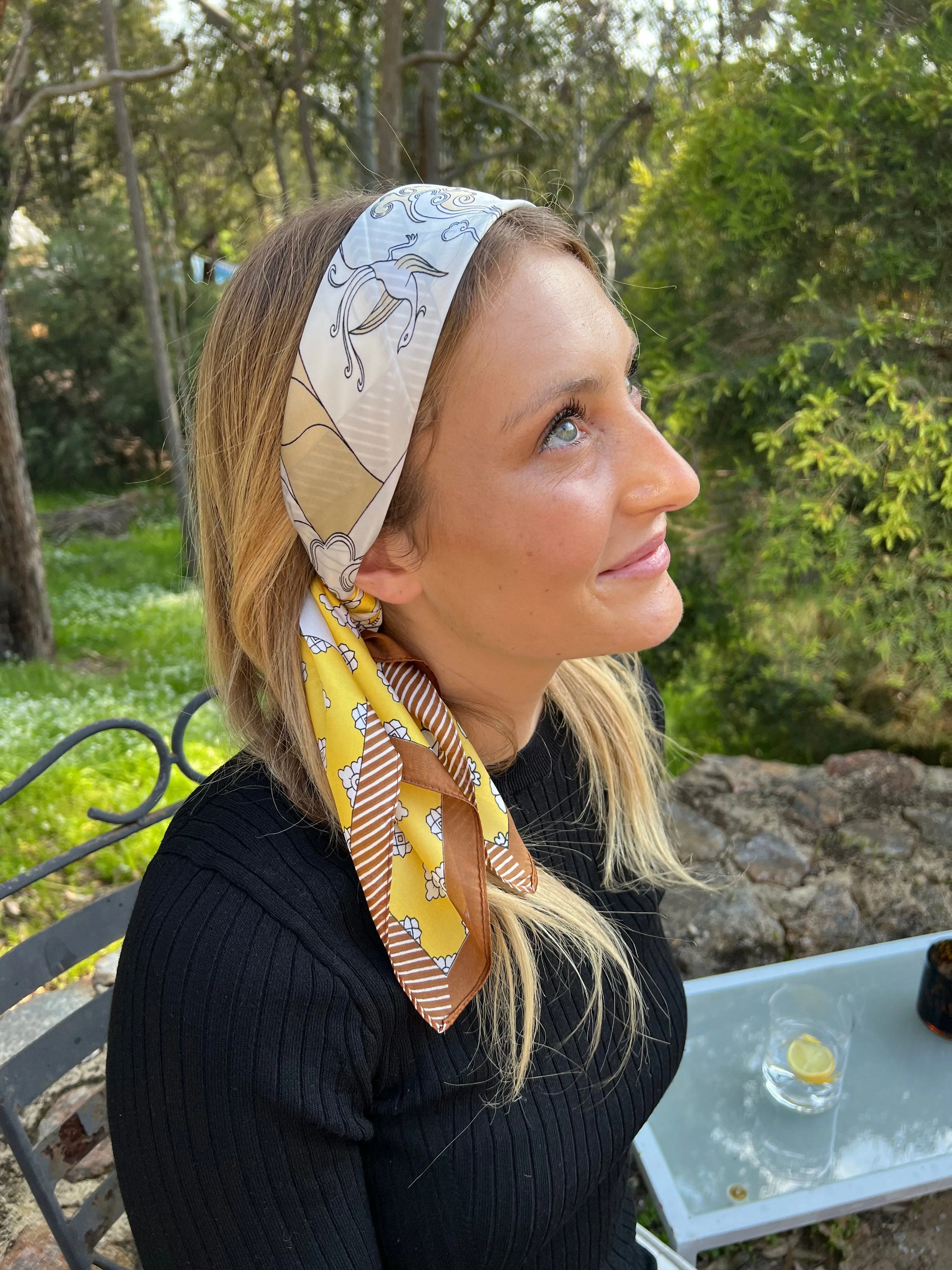 Head Scarf - Neckerchief - Yellow Bronze Floral