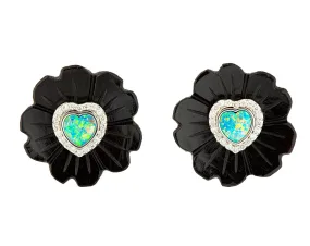 Jade Flower Earrings with Opal Heart