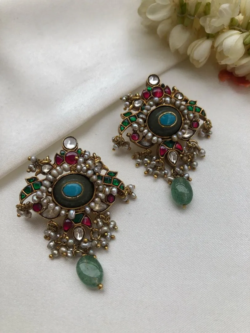 Jade oval turquoise and kundan earrings