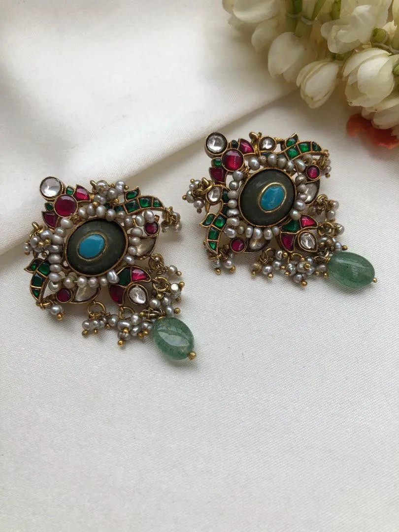 Jade oval turquoise and kundan earrings