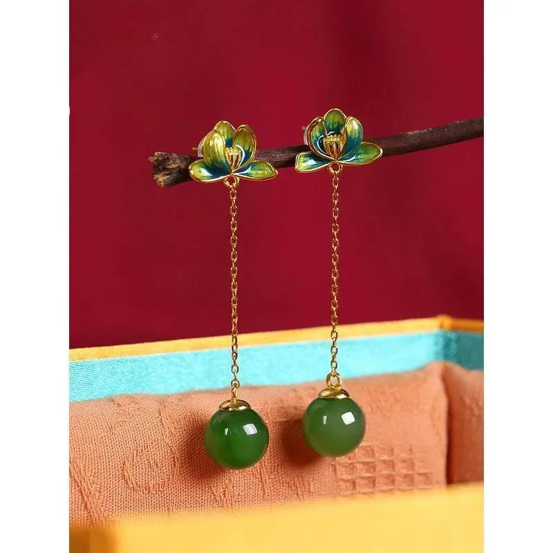 Jasper Lotus Heart Tibetan Style Enamel Color Lotus 925 Silver Jade Earrings Women's Fringed Earrings