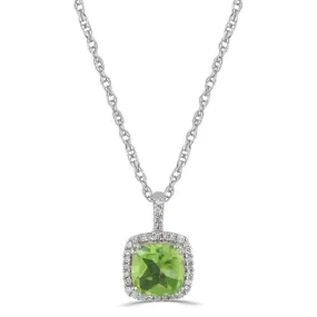 Jewelili 10K White Gold with Peridot and Natural White Diamonds Halo Pendant Necklace