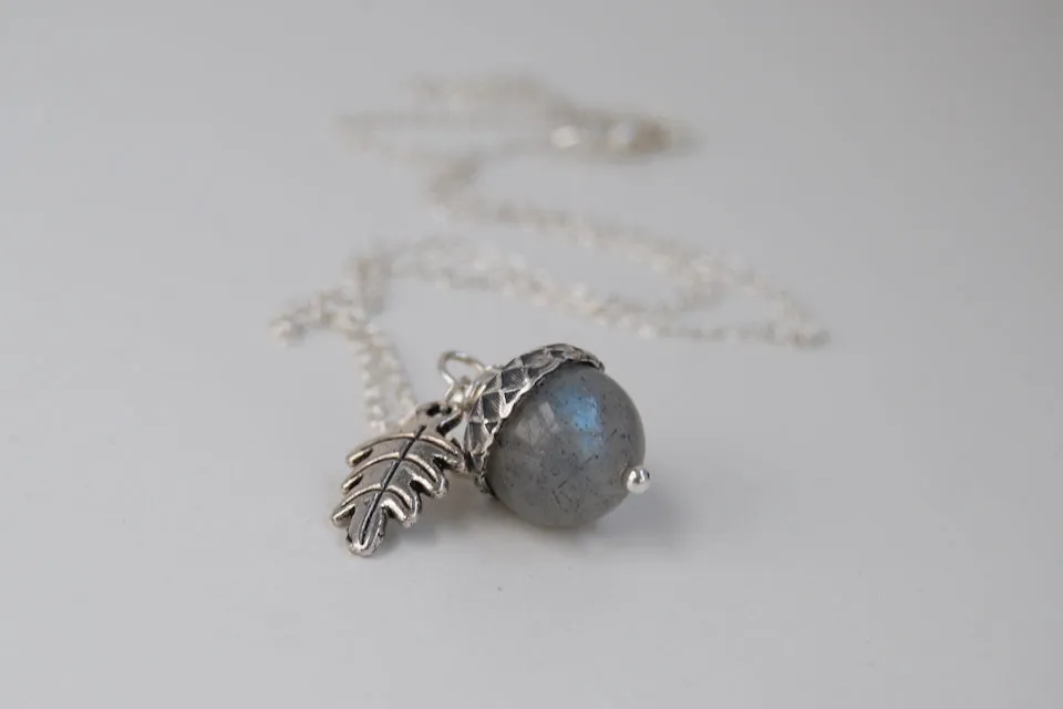 Labradorite and Silver Acorn Necklace | Cute Nature Charm | Forest Acorn Necklace | Nature Jewelry