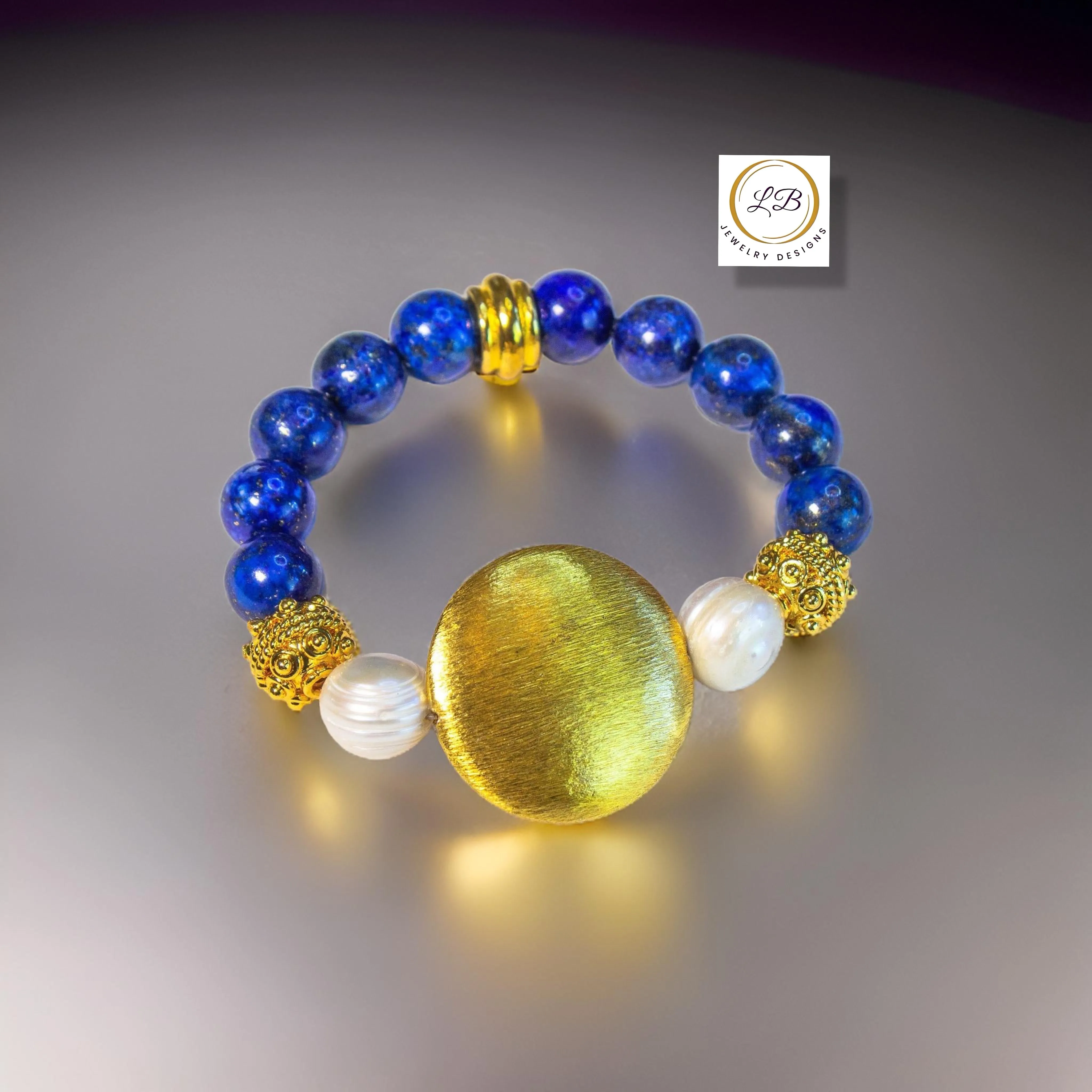 Lapis Lazuli & Pearl Gemstone Brushed Gold Vermeil Beaded Bracelet