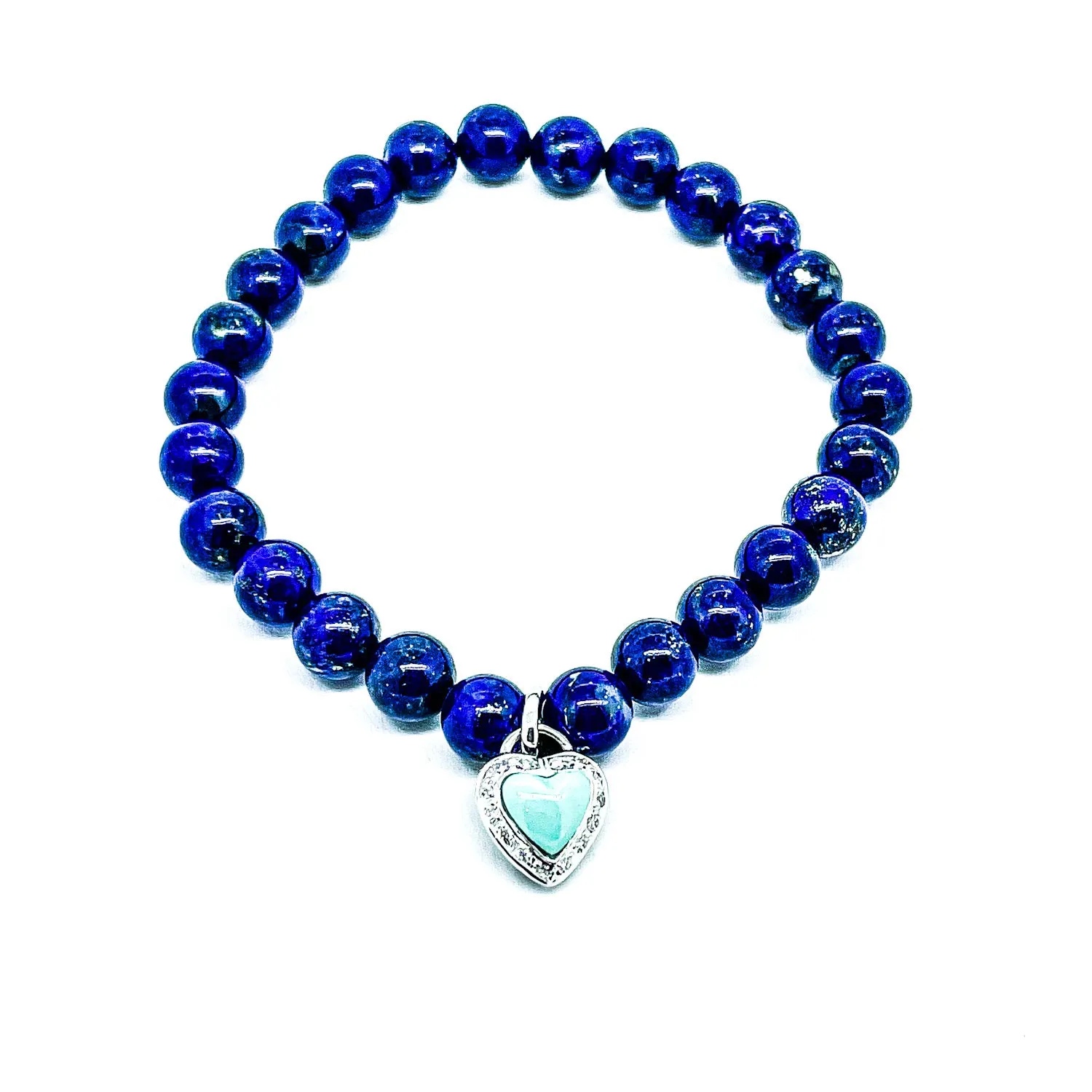 lapis lazuli stretch bead bracelet with diamond turquoise heart charm