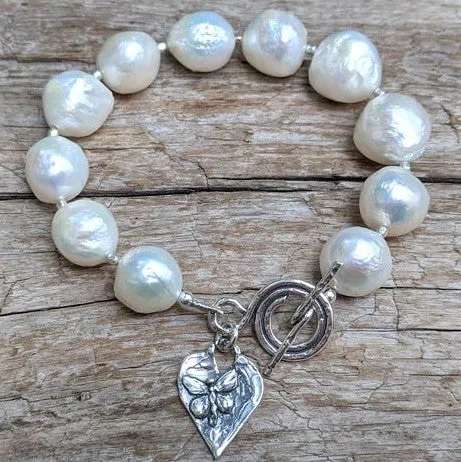 Large White Edison Pearl & Silver Butterfly Heart Toggle Bracelet