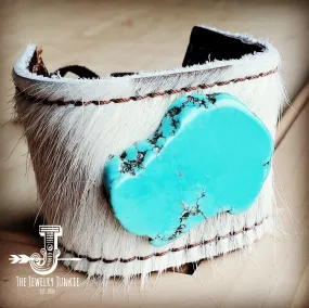 **Leather Cuff w/ Leather Tie-White Hide and Turquoise Slab (011r)