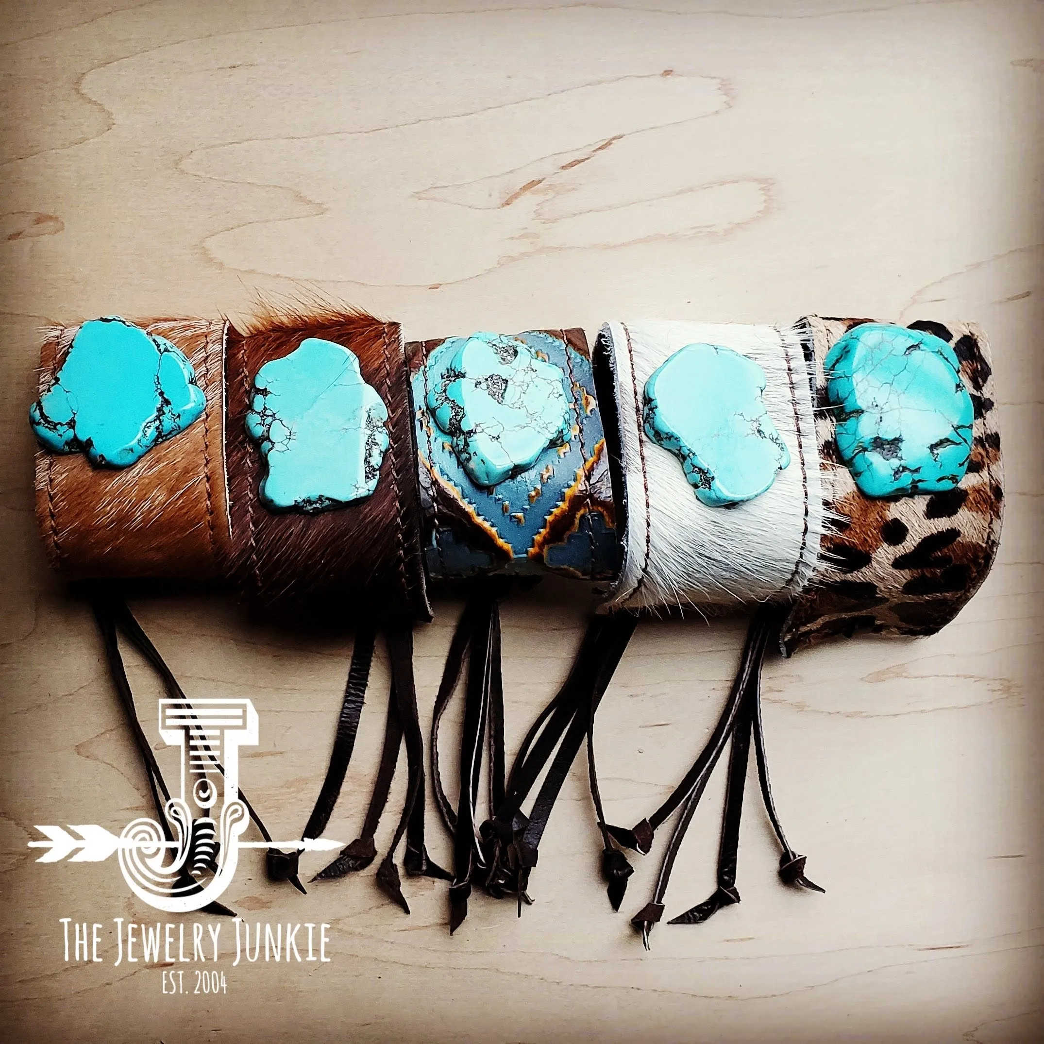 **Leather Cuff w/ Leather Tie-White Hide and Turquoise Slab (011r)