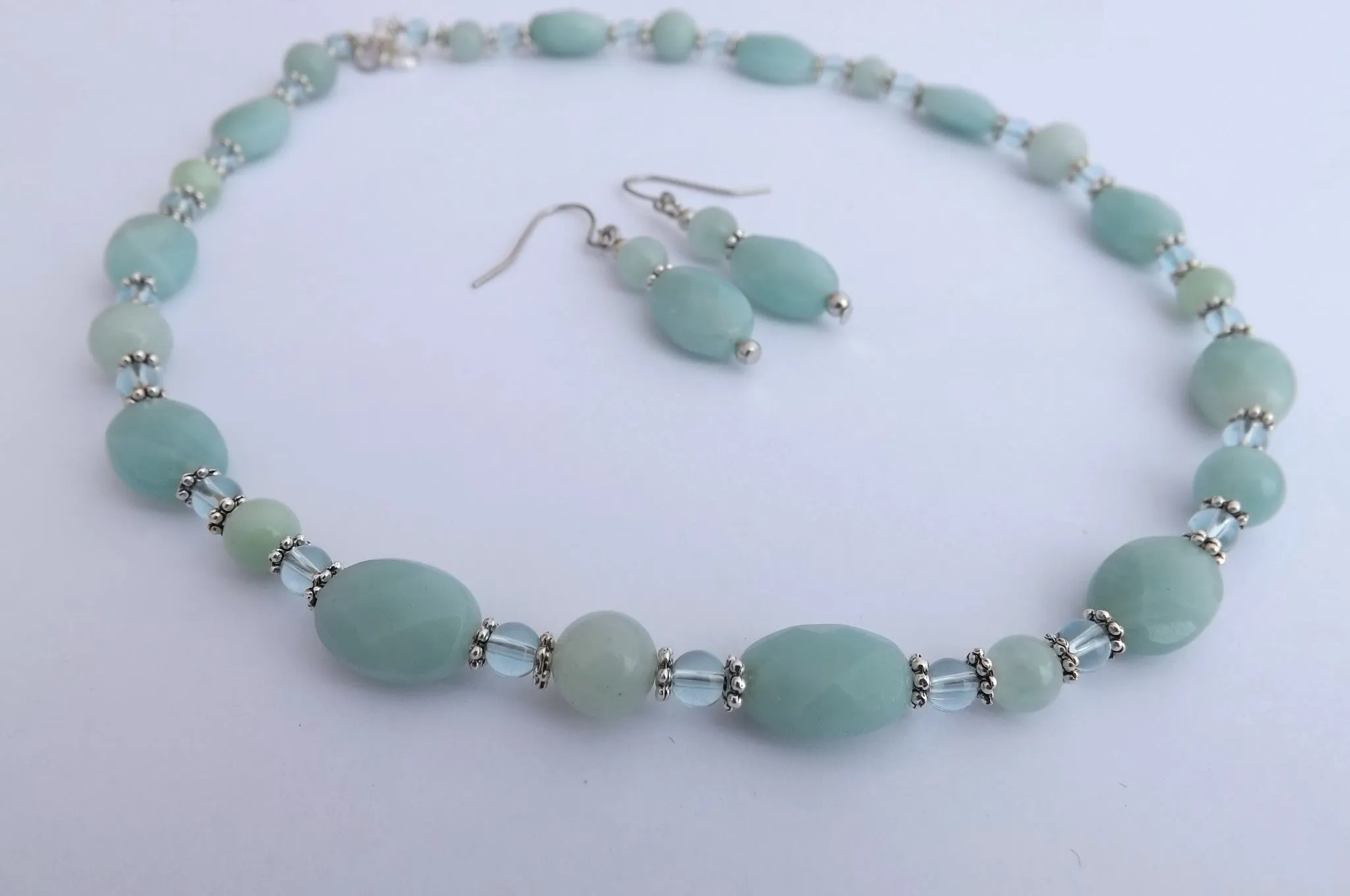 Light Blue Handmade Amazonite Gem Bead Necklace & Earrings Set (Made in NZ)