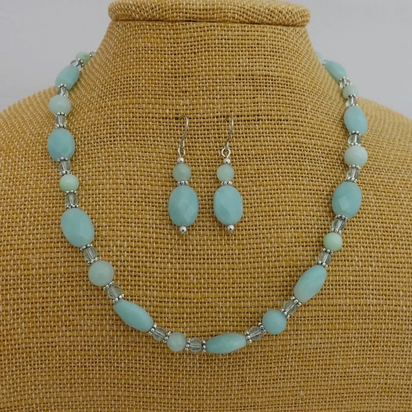 Light Blue Handmade Amazonite Gem Bead Necklace & Earrings Set (Made in NZ)