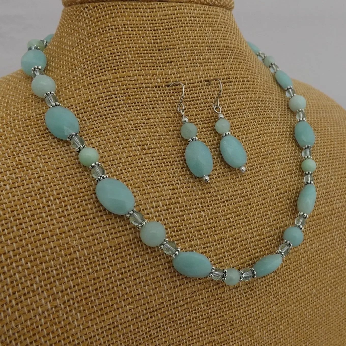 Light Blue Handmade Amazonite Gem Bead Necklace & Earrings Set (Made in NZ)