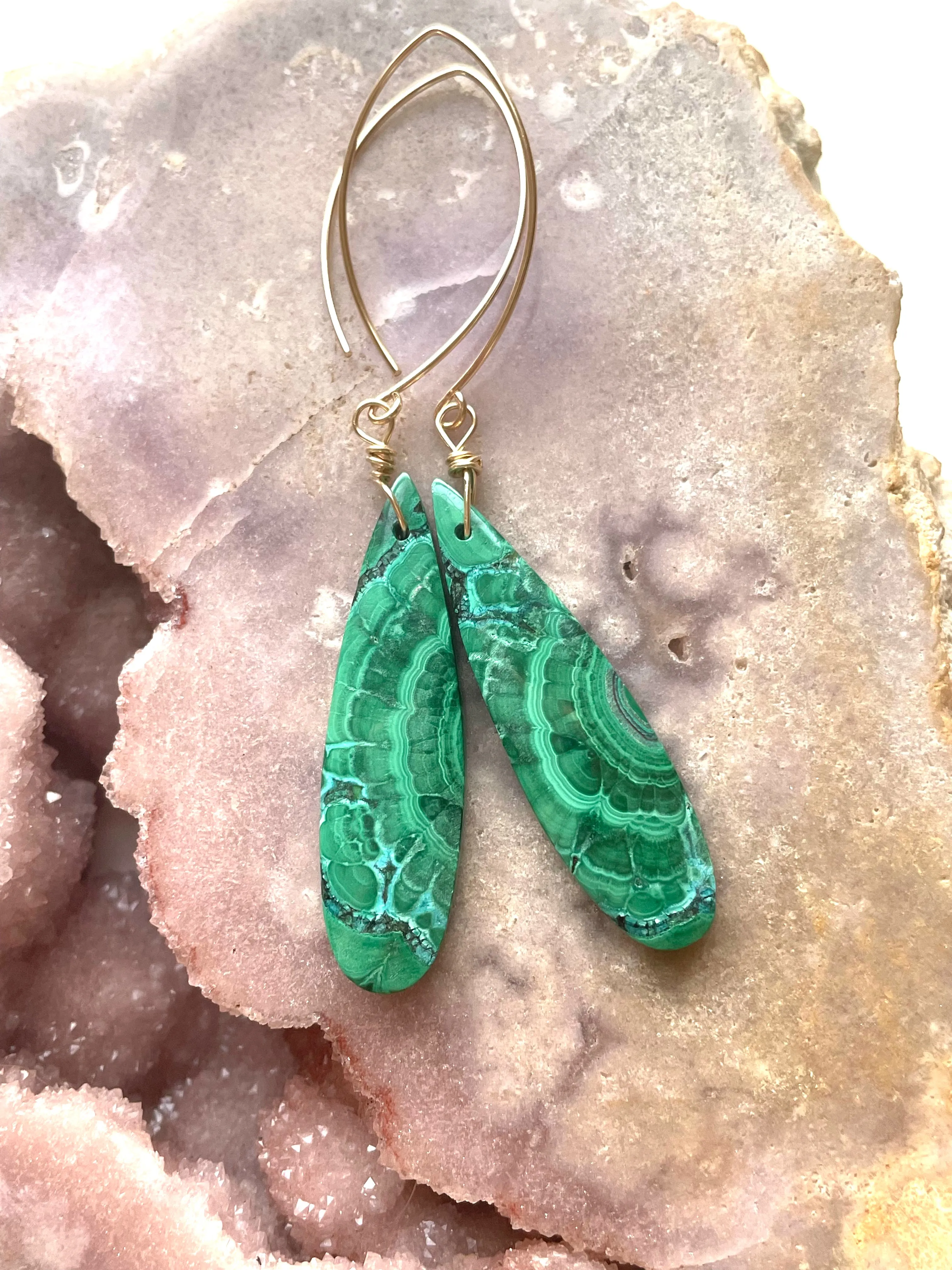 Long Malachite Crystal Dangle Earrings 14kt Gold Filled