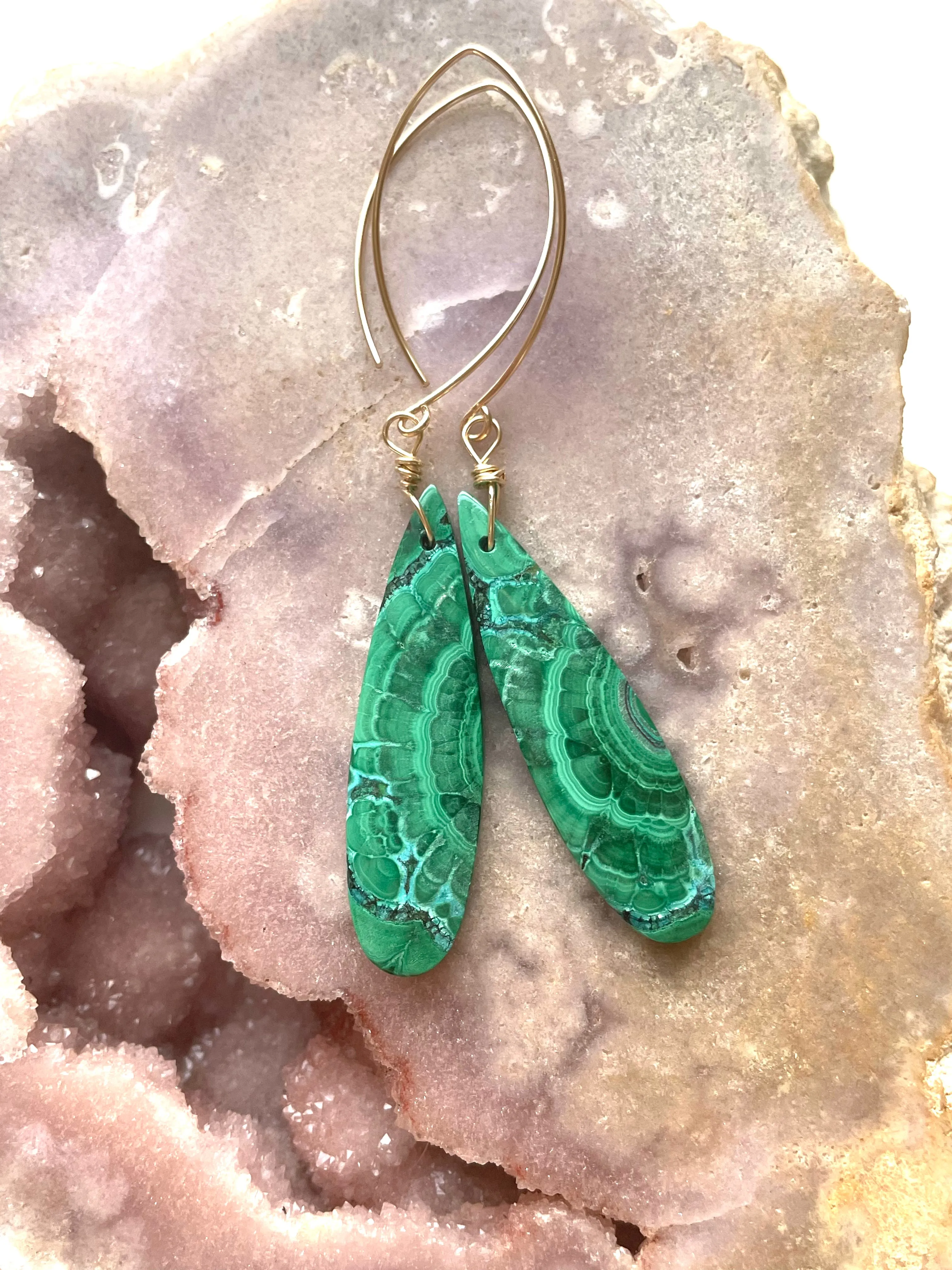 Long Malachite Crystal Dangle Earrings 14kt Gold Filled