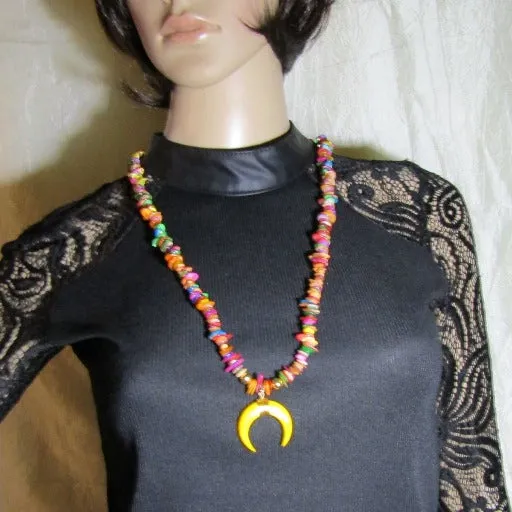 Long Multi-color Gemstone Chip Necklace with  Gold Pendant