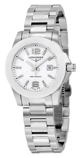 Longines Conquest Stainless Steel & Ceramic White Dial Date Quartz Divers Womens Watch L3.257.4.16.6