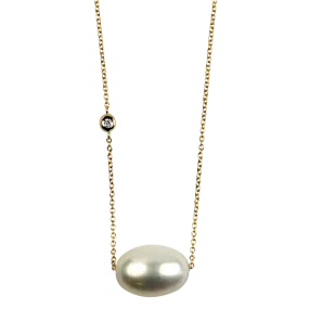 Mastoloni 14k Yellow Gold Asymmetrical Floating Pearl and Diamond Necklace