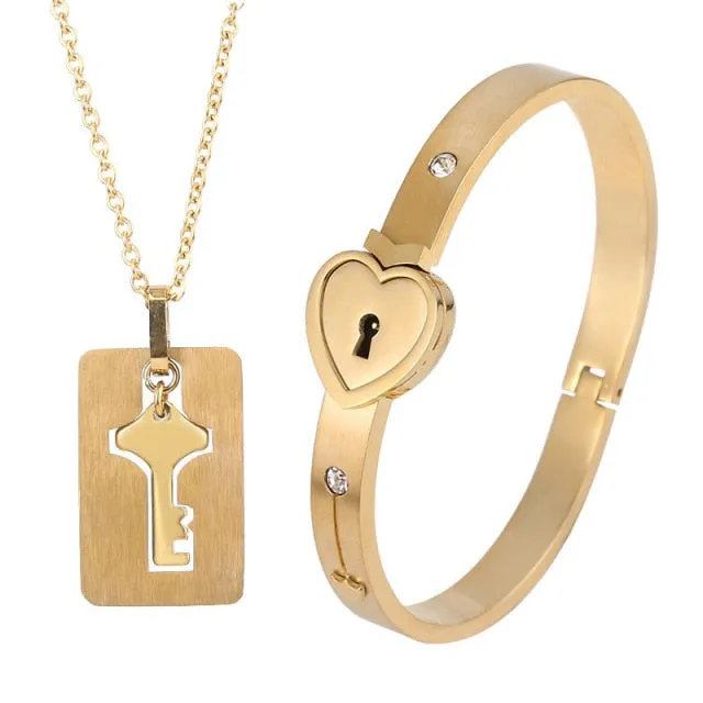 Matching Puzzle Couple Heart Lock Bracelet and Key Pendant Necklace for Lover Jewelry Gift