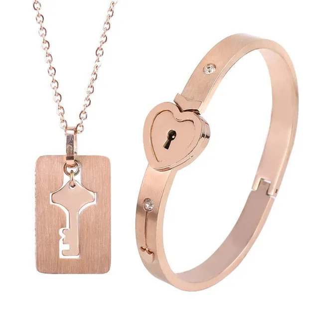 Matching Puzzle Couple Heart Lock Bracelet and Key Pendant Necklace for Lover Jewelry Gift